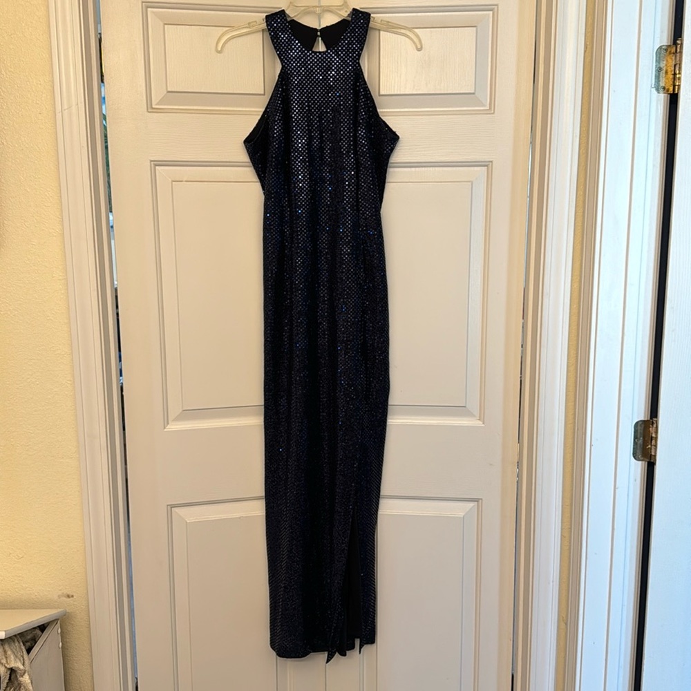 JESSICA McClintock Dark Blue Sequined Dress w/ back Cut out /front slit Size 7/8